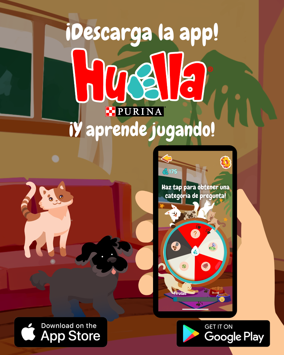 imagen promocional. donde aparecen un gato y perro. y celular mostrando los juegos de la aplicación