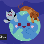 imagen promocional: sobre un fondo azul, aprende jugando y deja tu huella purina. descargala ahora. google play y app store. un gato y un perro encima del planeta tierra. teléfono mostrando el contenido de la aplicacion.